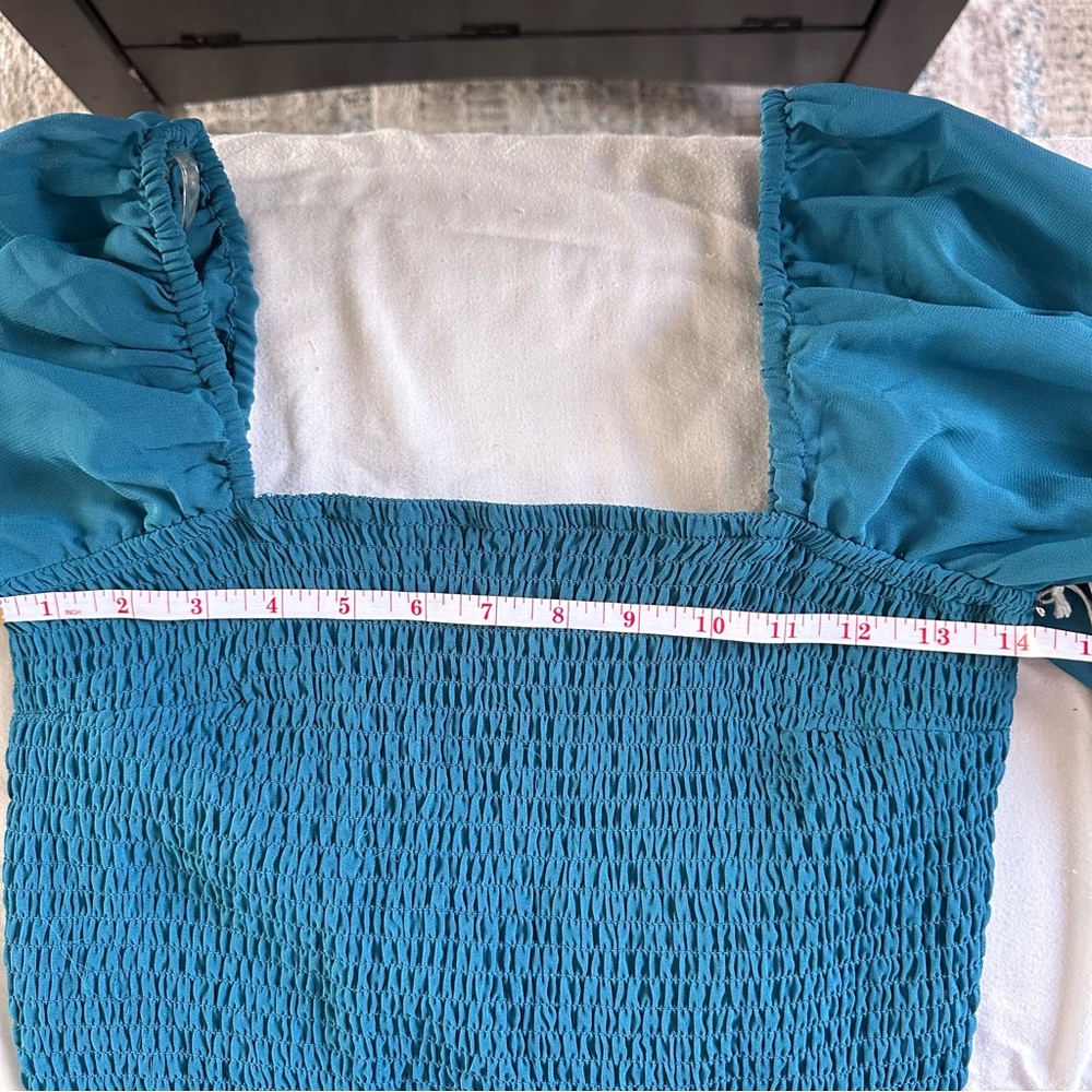 Teal Smocked Crop Top NWT Sheer Bell Sleeve Boho Cottagecore Festival Top M - Picture 13 of 16
